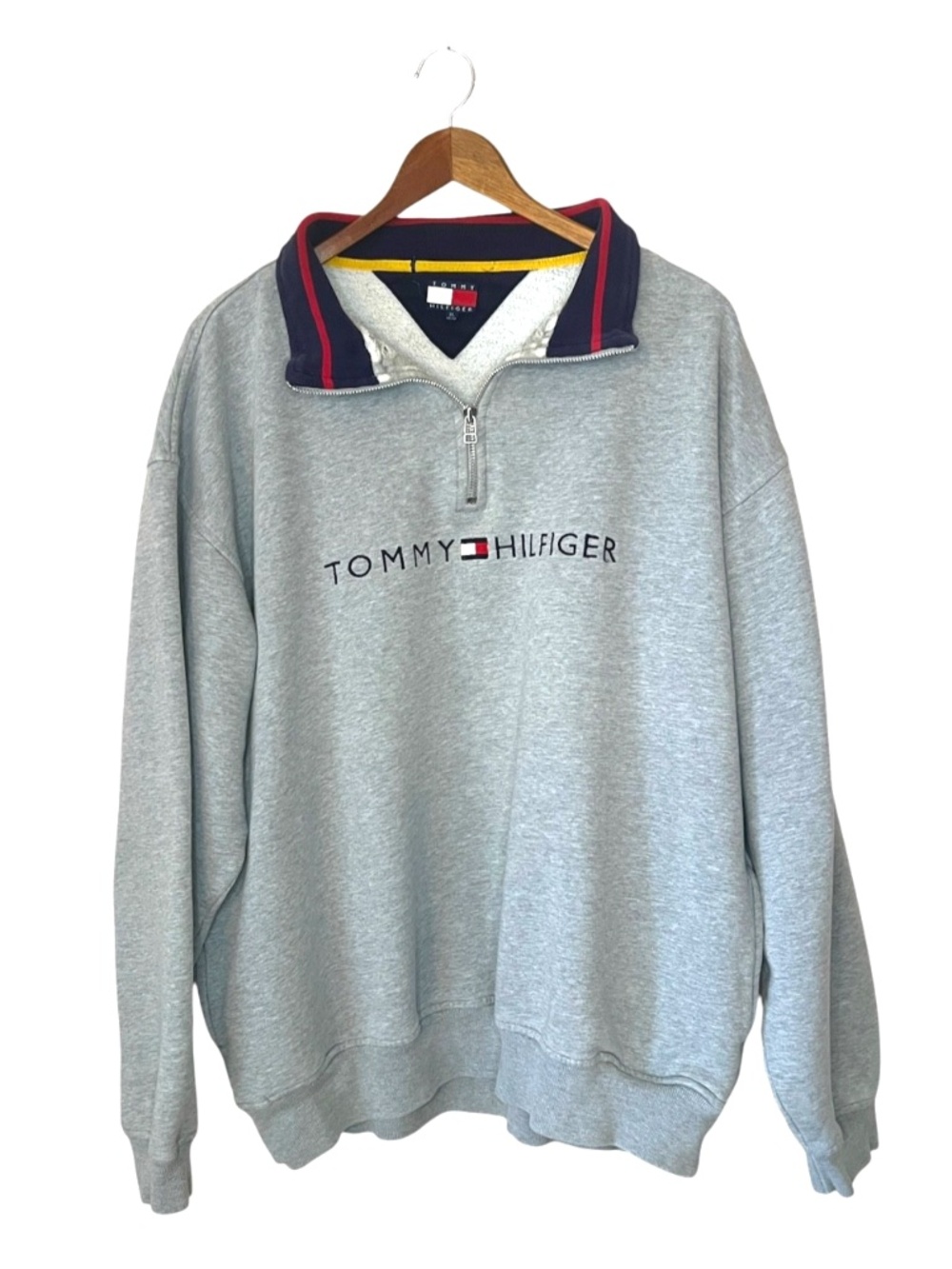 Vintage 90s Tommy Hilfiger Quarter Zip Logo Distressed Collar Grey Sweatshirt XL